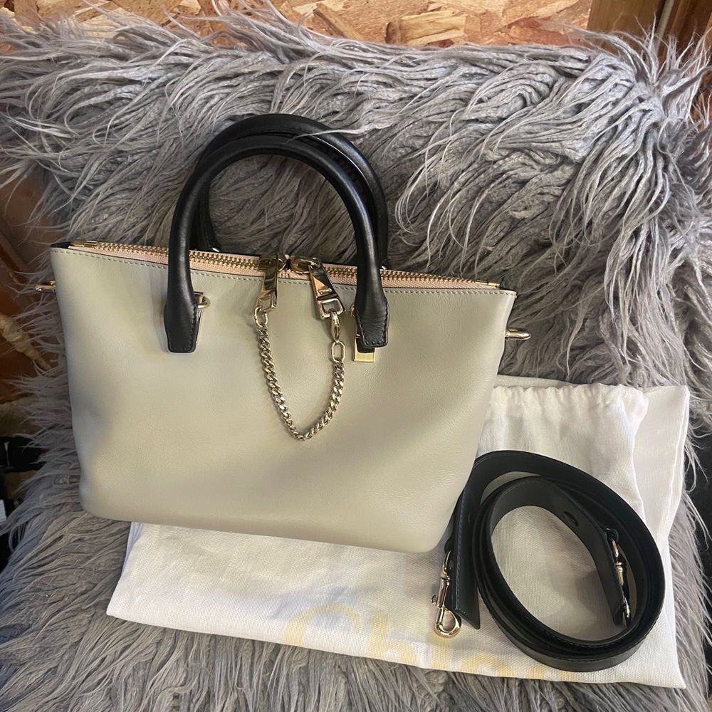 CHLOE Bailey Two-Tone Leather Mini Satchel Bag in Grey and Black with Strap